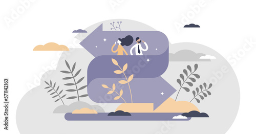 Decision making and right choice dilemma and doubt tiny person concept, transparent background.Career or relationship question as life confusion and struggle for right option illustration.