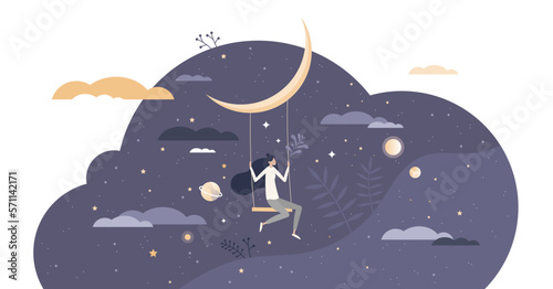 Dreaming with sweet night dreams as bedtime relax sleep tiny person concept, transparent background. Hanging with swings on moon as fly in fantasy around cosmos and universe illustration.