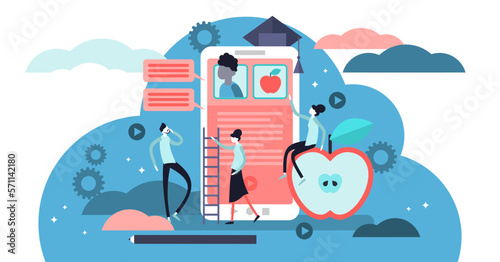 Educational app illustration, transparent background. Flat tiny e learning persons concept. AI technology teaching students from distance. Social communication using digital devices.