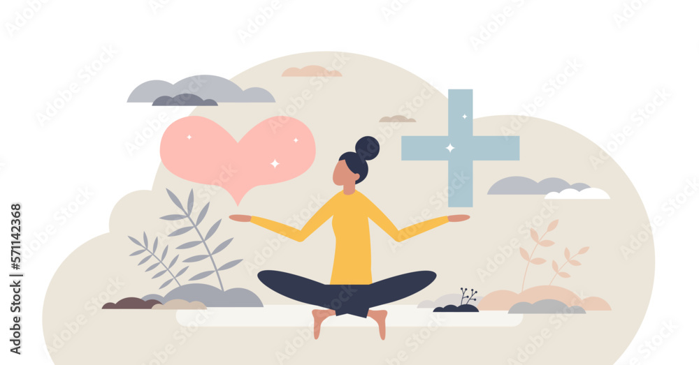 Mental wellbeing with love and health balance for peace tiny person concept, transparent background. Calm emotions and happiness mindset with value esteem and appreciation illustration. - obrazy, fototapety, plakaty 