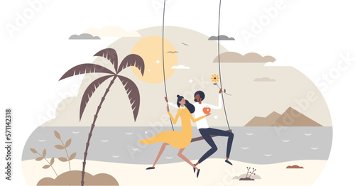 Honeymoon as couple date in romantic and happy holiday vacation tiny person, transparent background. Love and affection while traveling around paradise island illustration.