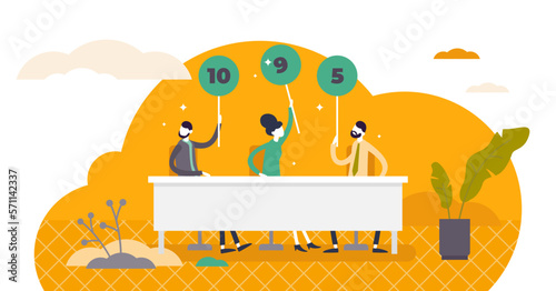 Jury voting concept, flat tiny persons illustration with people holding score number signs, transparent background. Leaving level rating and evaluating performance success.