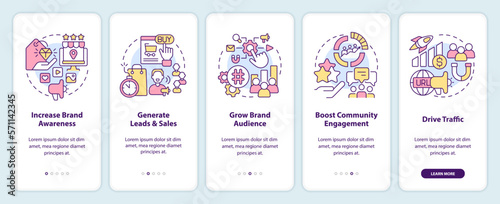 Social media advertising goals onboarding mobile app screen. SMM walkthrough 5 steps editable graphic instructions with linear concepts. UI, UX, GUI template. Myriad Pro-Bold, Regular fonts used