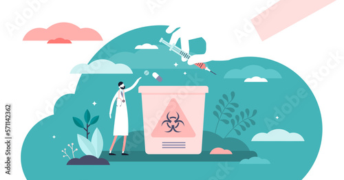 Medical waste illustration, transparent background. Biological hazard flat tiny persons concept. Caution sign on bin to warn about dangerous substances, used needles, pills and health risk.