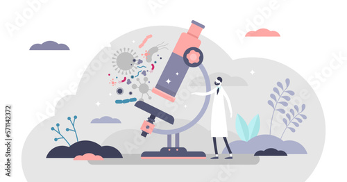 Microscopy illustration, transparent background. Organisms closeup scene in flat tiny persons concept. Biological study about zoomed magnification used for medical knowledge improvement.