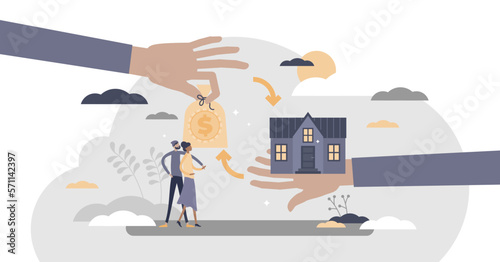 Mortgage financial bank instrument for new family house flat tiny persons concept, transparent background. Couple loan for real estate purchase illustration.