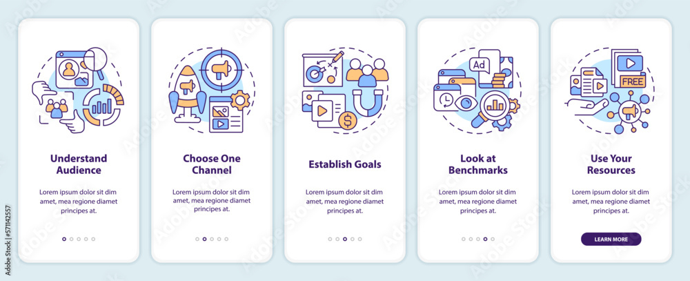 Start social media advertising onboarding mobile app screen. Walkthrough 5 steps editable graphic instructions with linear concepts. UI, UX, GUI template. Myriad Pro-Bold, Regular fonts used
