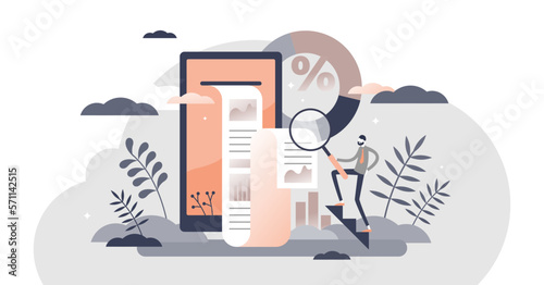 Reports as document that represents account information tiny persons concept, transparent background. Financial profit annual statistics and analysis for company accounting illustration.