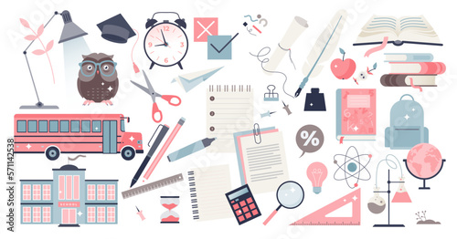 School education and knowledge, study and learning items tiny person set, transparent background.Collection with isolated university and college objects illustration.