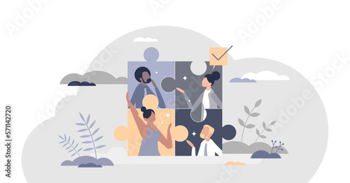 Team unity as puzzle pieces for common task collaboration tiny person concept, transparent background.