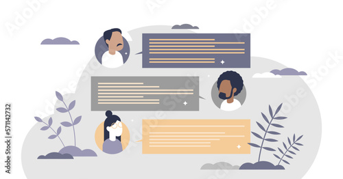 Teamchat as group chat conversation and talking online tiny person concept, transparent background.