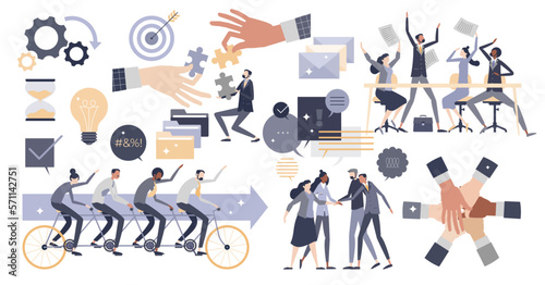 Teamwork, collaboration and cooperation items collection tiny person set, transparent background. Business development with successful colleague team and project partners illustration.