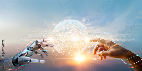 AI, Machine learning, Hands of robot and human touching big data of Global network connection, Internet and digital technology, Science and artificial intelligence digital technologies of futuristic. © ipopba