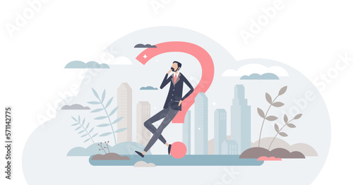 Uncertainty and doubt in business questions or decisions tiny person concept, transparent background. Businessman pondering and looks thoughtful or confused illustration. photo