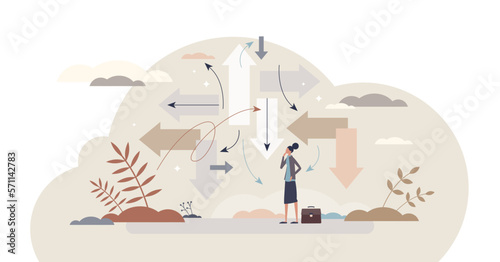Uncertainty, confusion about options and directions tiny person concept, transparent background.Doubt and dilemma situation about life or career illustration.