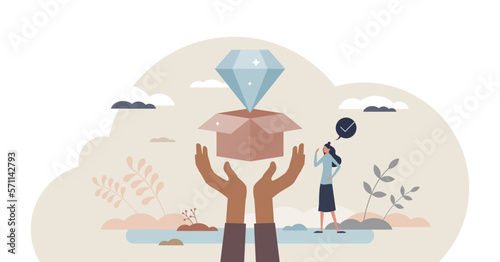 Value creation with product positioning and marketing tiny person concept, transparent background. Idea proposition management with commercial and branding illustration.