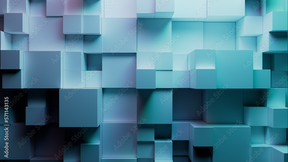 Neatly Constructed Multisized Cube Wall. Turquoise and Purple, Modern Tech Background. 3D Render. Neatly Constructed Multisized Cube Wall. Turquoise and Purple, Modern Tech Background. 3D Render.