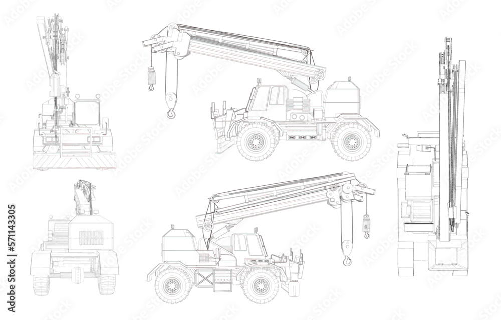 Blue print outline crane truck machinery industry illustration set of constructive vehicles and digging machine isolated on background