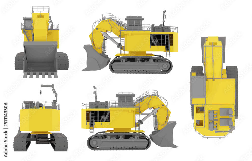 Excavator loader machinery industry illustration set of constructive vehicles and digging machine isolated on background Excavator loader machinery industry illustration set of constructive vehicles and digging machine isolated on background