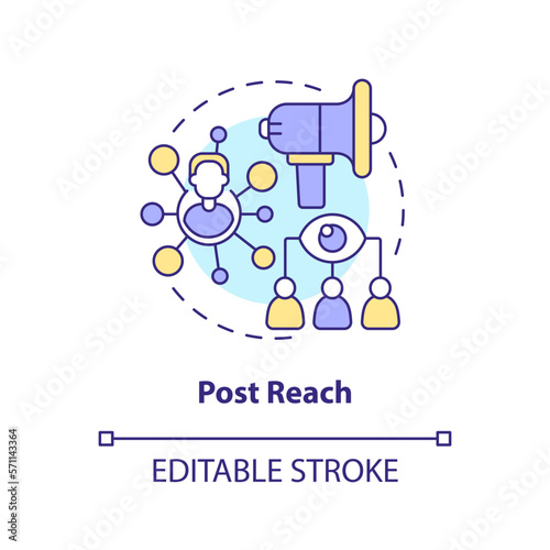 Post reach concept icon. Communication with audience. Social media advertising metric abstract idea thin line illustration. Isolated outline drawing. Editable stroke. Arial, Myriad Pro-Bold fonts used