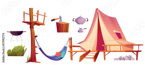 Glamping equipment for trip, isolated vector. Sleeping tent, pillow and hammock cartoon illustration for best camp experience. Luxury survival journey element collection with turkish pot and barbecue