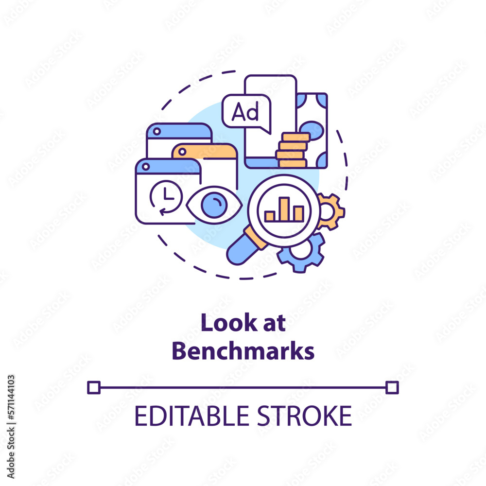 Look at benchmarks concept icon. Get started with social media advertising abstract idea thin line illustration. Isolated outline drawing. Editable stroke. Arial, Myriad Pro-Bold fonts used Look at benchmarks concept icon. Get started with social media advertising abstract idea thin line illustration. Isolated outline drawing. Editable stroke. Arial, Myriad Pro-Bold fonts used