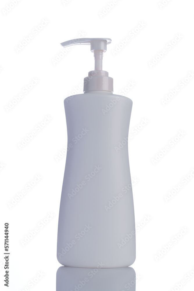 Plastic bottle with soap or shampoo reflected on white background Plastic bottle with soap or shampoo reflected on white background