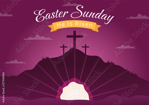 Happy Easter Sunday Day Illustration with Jesus, He is Risen and Celebration of Resurrection for Web Banner or Landing Page in Hand Drawn Templates