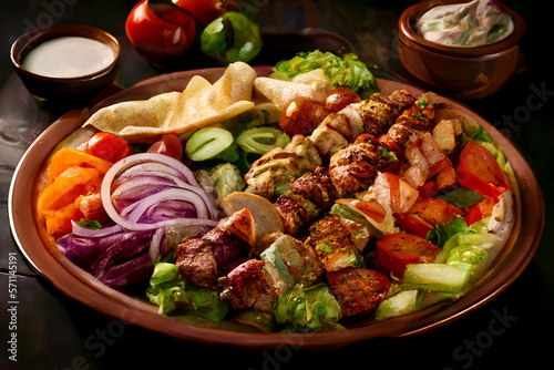 A plate of gyros and a variety of salads. AI generativ photo