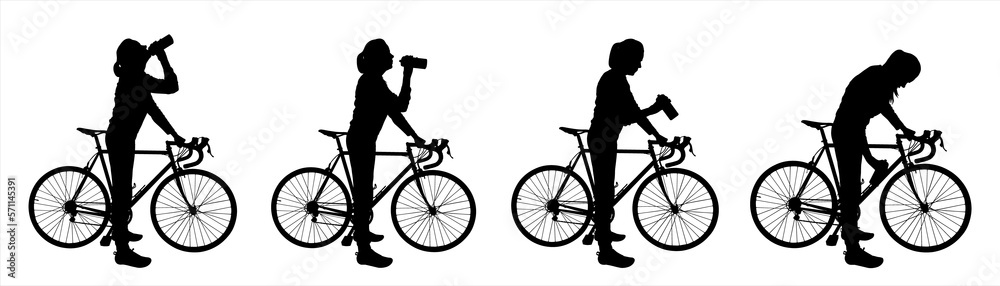Obraz premium Girl with a bicycle in her hands. The woman stopped to drink water from a bottle. Quench thirst. A group of cyclists. Ride a bicycle. Side view. Four black female silhouettes isolated on white