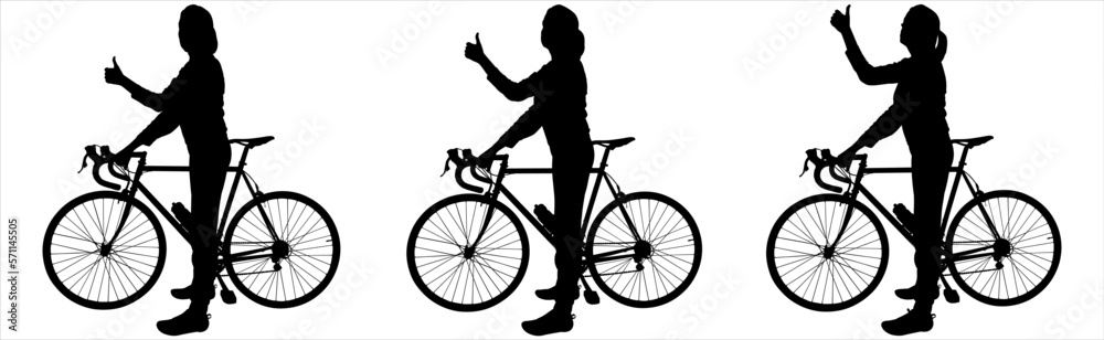 Fototapeta premium The girl stands near the bicycle, with her hand showing the gesture