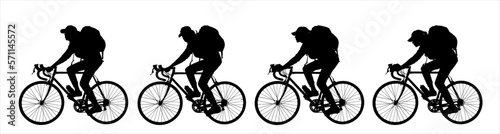 A group of cyclists riding bicycles with backpacks on their backs. Tourists. Cycling. Woman, a girl with a bicycle. Side view, profile. Four black female silhouettes isolated on white background