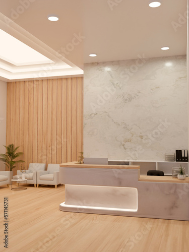Luxury elegance beauty salon or clinic lounge with reception counter and waiting area photo