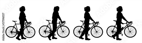 A girl is standing next to the bike. A woman and a bicycle, holding the handlebars of a bike with her hands. For motion animation. Side view, profile. Four black female silhouettes isolated on white