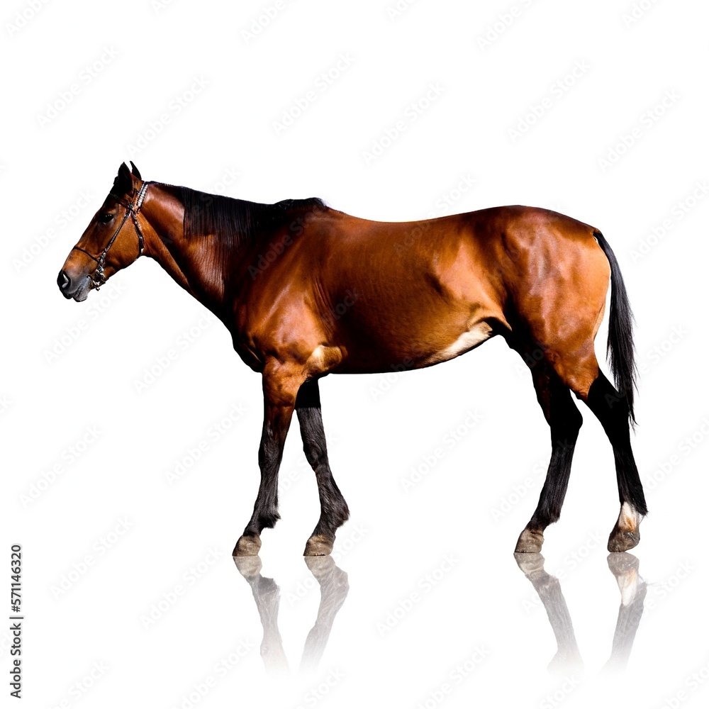 Obraz premium Brown Horse Standing on a White Floor with Reflection on White Background Created with Generative AI and Other Techniques