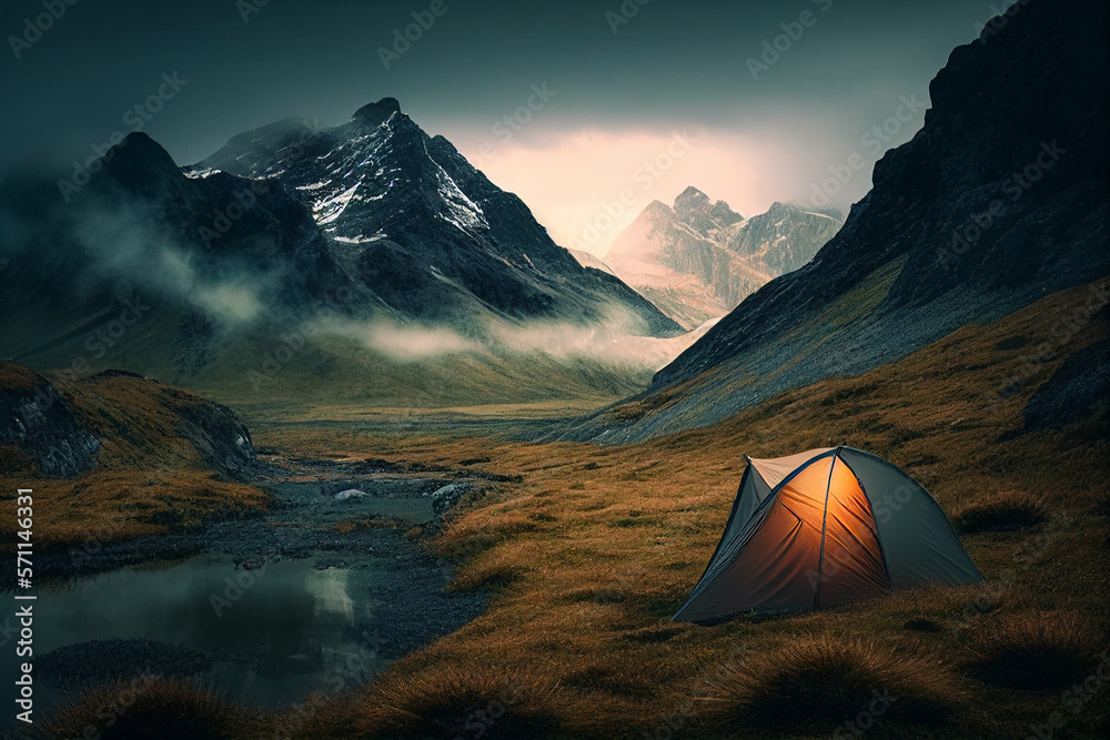 Hiking tent in the mountains created with Generative AI
