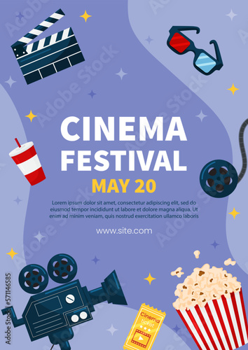 Vector vertical template cinema movie festival poster card. Popcorn basket, ticket, clapper, 3d glasses on violet background. Flyer or brochure for event