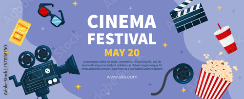 Vector horizontal template cinema movie festival poster card. Popcorn basket, ticket, clapper, 3d glasses on violet background. Flyer or brochure for event.