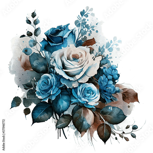 Watercolor floral bouquet composition with roses, png transparent background, generative ai.
