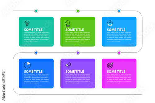 Infographic template. 6 timeline banners with icons and text