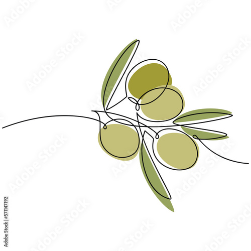 Green olive branch with leaves vector. Line continuous hand drawn illustration. Vegetable outline icon, linear silhouette. Minimal design, print, banner, card, brochure, logo, menu.