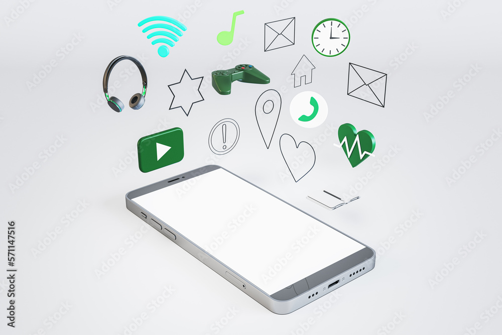 Empty white mock up smartphone screen with media and lifestyle icons on white background. Mock up place. 3D Rendering. Empty white mock up smartphone screen with media and lifestyle icons on white background. Mock up place. 3D Rendering.