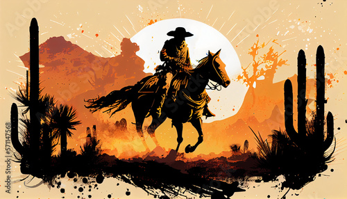 Leinwand Poster Cowboy riding horse at sunset