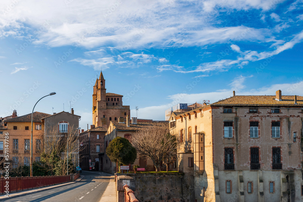 Rabastens and its iconic church, Notre-Dame-du-Bourg, seen from the bridge over the Tarn, in Tarn, Occitanie, France