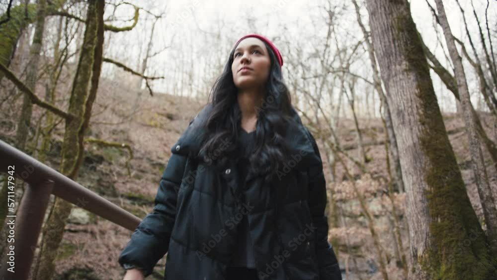 Woman walks outdoors on a hike in slow motion Woman walks outdoors on a hike in slow motion