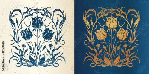 Frame with a gold  tulip in the style of Art Nouveau. Beautiful tulip golden vintage floral composition 1920-1930 years.