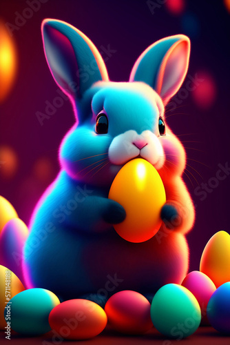 Cute easter bunny  with colorful easter eggs. Generative AI.
