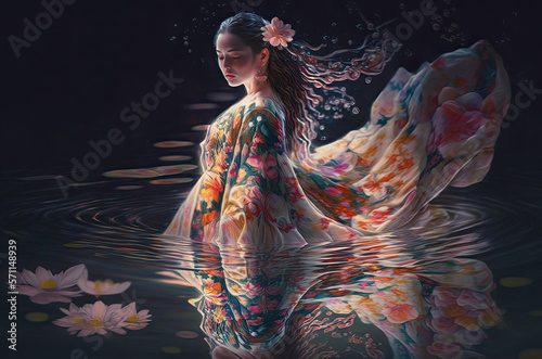 A woman wearing a kimono-style dress standing in the surface of the water, Generative AI