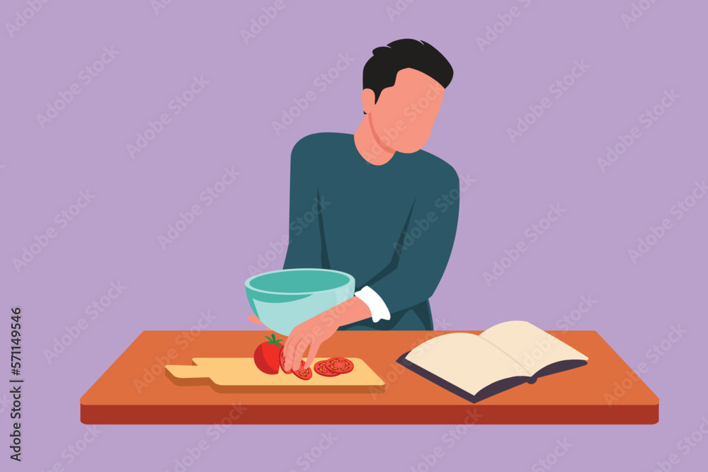 Character flat drawing young man cooking meal while reading tutorial book on cozy kitchen table at home. Happy husband preparing healthy food for family breakfast. Cartoon design vector illustration Character flat drawing young man cooking meal while reading tutorial book on cozy kitchen table at home. Happy husband preparing healthy food for family breakfast. Cartoon design vector illustration