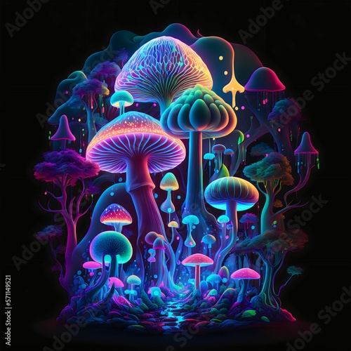 A dawn lit field full of magical bioluminescence neon magic mushrooms ready for a psychedelic experience. Generative AI 